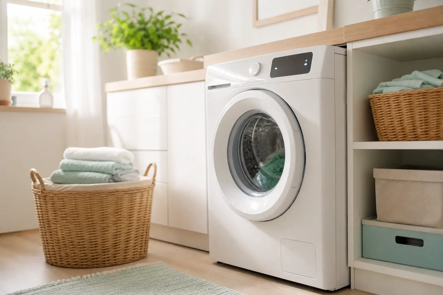 Frontlader-Waschmaschine mit leuchtendem Display in einem hellen Waschraum