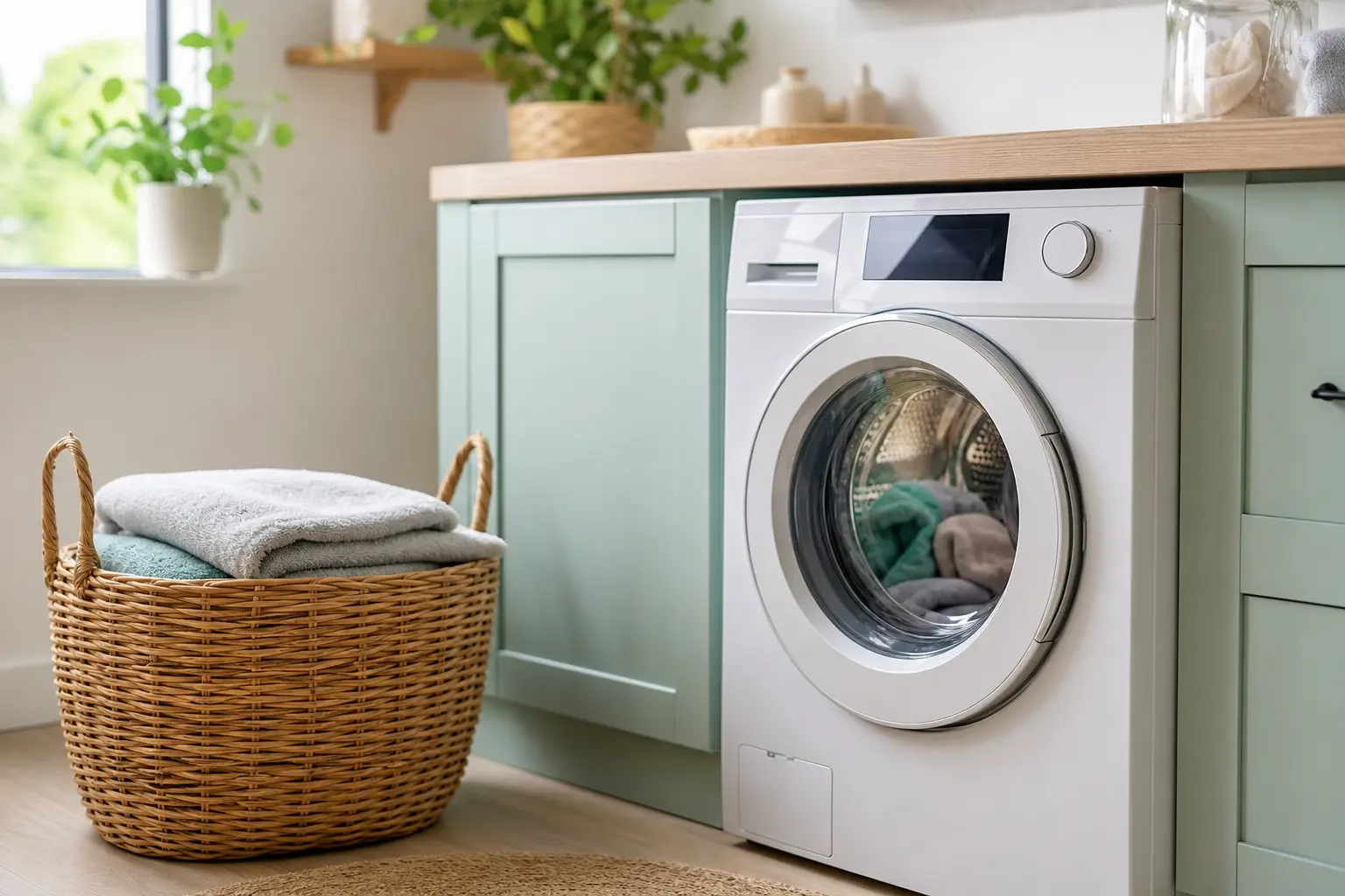 Frontlader-Waschmaschine mit leuchtendem Display in einem hellen Waschraum