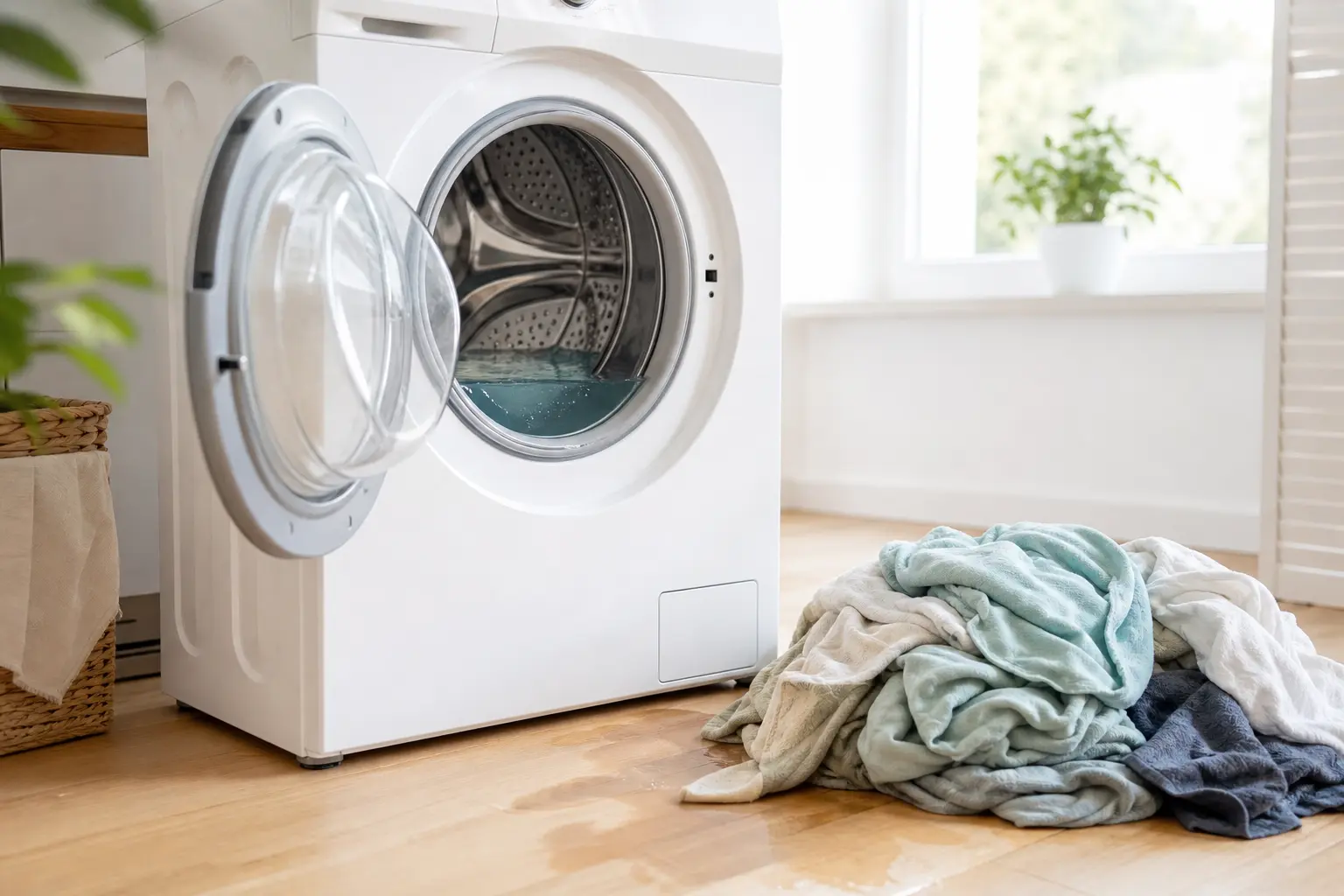 Waschmaschine mit Wasser im Inneren und nasse Wäsche daneben in hellem Waschküchenraum