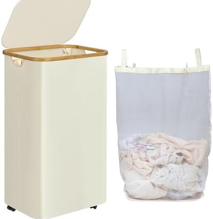 iEGrow 110L Wäschekorb mit Deckel, Großer Wäschesammler mit Rollen und Bambusgriff, Wäschekörbe mit Abnehmbarem und Waschbarem Innenbeutel für Wäschebäume Schlafzimmer Badezimmer (Beige)