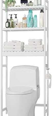 FOREHILL Toilettenregal Weiß Waschmaschinenregal Badezimmerregal Badregal mit 3 Ablagen WC Regal mit 6 Haken platzsparend Weiß 63×26×163cm