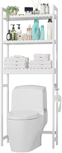 FOREHILL Toilettenregal Weiß Waschmaschinenregal Badezimmerregal Badregal mit 3 Ablagen WC Regal mit 6 Haken platzsparend Weiß 63×26×163cm