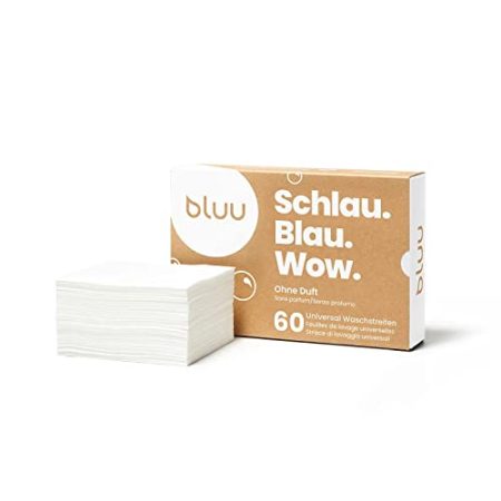 BLUU 60 Waschmittel Blätter | Biologisch abbaubares Waschmittel | 100% Plastikfrei | Wäsche ökologisch waschen mit Eco Waschstreifen | Alpenfrische oder ohne Duft (Duftfrei, 60 Stück)