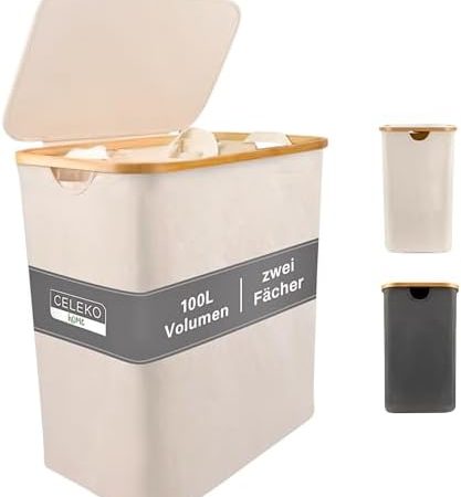 Wäschekorb mit 1 Deckel 2 Fächer 100 Liter Bambus-Stoff Beige Groß - Wäschesammler Wäschebox mit Henkel Wäschetrenner Wäsche Korb Wäschetruhe Wäschebehälter Laundry Basket | Celeko Hell