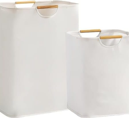 Wäschekorb Weiß, 2 Stück 72L/48L Wäschekorb Schmal, Laundry Baskets Groß Faltbar mit Henkel Wäschesammler für Schlafzimmer, Bad, Kinderzimmer, Reise