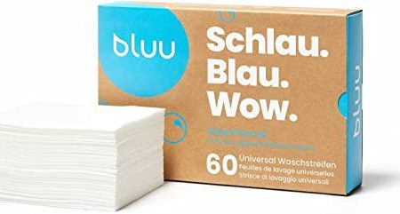 BLUU Alpenfrische Bio Waschmittelblätter - plastikfrei & biologisch abbaubar - Eco Waschstreifen für alle Wäschen, Dermatest Siegel mit SEHR GUT, Frischer Duft - 60 Stück