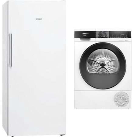 Siemens GS51NAWCV iQ500 Gefrierschrank, 161 x 70 cm, 289 L & Wärmepumpentrockner für 8 kg Wäsche, iQ500, A+++, 176 kWh/Jahr, speedPack, autoDry, Outdoor-Programm, Weiß, WQ35G2D00