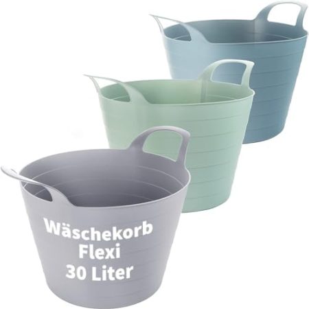 Wäschekorb Plastik Flexi 3er Set - 30 Liter Vielseitige Wäschewanne mit Griffen, 45 x 40 cm, 3 Farben, Robust & Flexibel, Made in EU