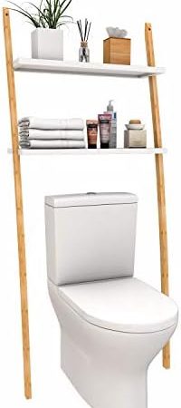 Toilettenregal Waschmaschinenregal Badregal aus Bambus, Bad WC Regal Waschmaschinenschrank mit 2 Ablagen-173x66x25cm (Braun-Weiß)