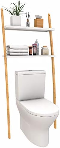 Toilettenregal Waschmaschinenregal Badregal aus Bambus, Bad WC Regal Waschmaschinenschrank mit 2 Ablagen-173x66x25cm (Braun-Weiß)