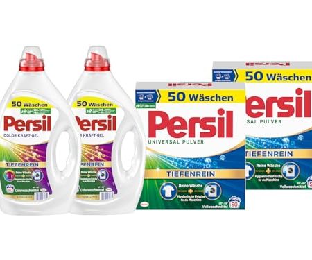 PERSIL-Set Pulver 2x 50 Waschladungen (100WL) Universal & Kraft-Gel 2x 50 Waschladungen (100WL) Color, Waschmittel-Set für reine Wäsche und hygienische Frische für die Maschine