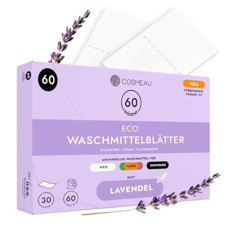 Cosmeau Waschmittel Blätter Lavendel - bis zu 60 Waschgänge (30 Blätter) - Nachhaltiges Waschmittel für Weiß, Farbe und Schwarz - Plastikfrei, Abbaubar & Perfektes Reisewaschmittel