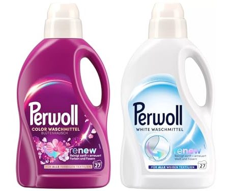 PERWOLL Flüssig-Set 2x 27 Waschladungen (54WL) 1x Color Blütenrausch & 1x White, Feinwaschmittel-Set reinigt sanft und erneuert Farben/Weiß und Fasern, mit Dreifach-Renew-Technologie