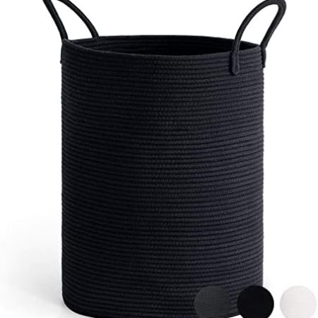 Goodpick Wäschekorb Geflochten Groß Laundry Basket Aufbewahrungskorb mit Henkel Kinderzimmer Seil Baumwollkorb Handtuchkorb für Badezimmer Wohnzimmer Korb für Decken Baby Spielzeug, 38x50cm, Schwarz