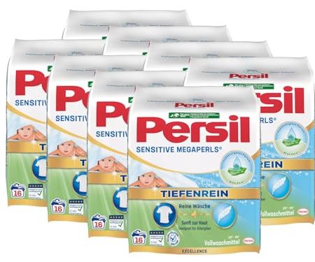 Persil Sensitive Megaperls Tiefenrein 128 Waschladungen (8x 16WL), Waschmittel für Allergiker mit beruhigender Aloe vera für sensible Haut, effektiv von 20 °C bis 95 °C, ECARF-zertifiziert