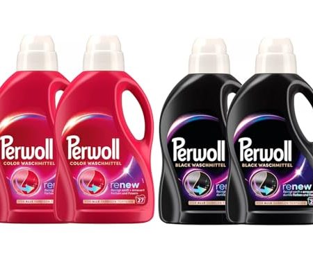 PERWOLL Flüssig-Set 4x 27 Waschladungen (108WL) 2x Black & 2x Color, Feinwaschmittel-Set reinigt sanft und erneuert Farben und Fasern, Waschmittel mit Dreifach-Renew-Technologie