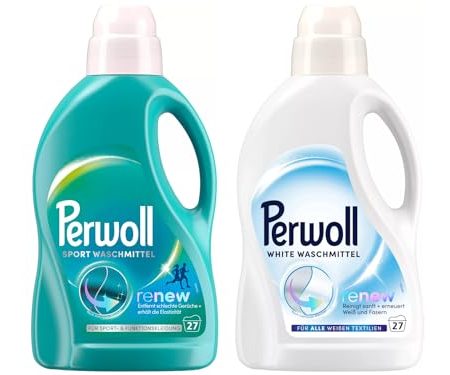 PERWOLL Flüssig-Set 2x 27 Waschladungen (54WL) 1x Sport & 1x White, Hygiene Waschmittel reinigt sanft, entfernt schlechte Gerüche & Feinwaschmittel erneuert Weiß und Fasern