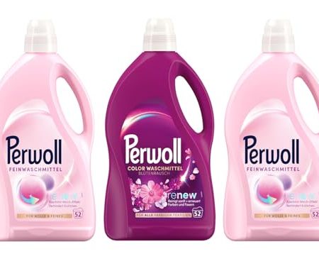 PERWOLL Flüssig-Set 3x 52 Waschladungen (156WL) 1x Color Blütenrausch & 2x Für Wolle & Feines, Feinwaschmittel erneuert Farben und Fasern & Feinwaschmittel glättet und verhindert Knötchen