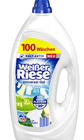 Weißer Riese Universal Gel (100 Waschladungen), Vollwaschmittel sorgt für strahlend saubere Wäsche & wirkt riesig stark gegen Flecken, Kalt-Aktiv schon ab 20° C, 100% recycelbar