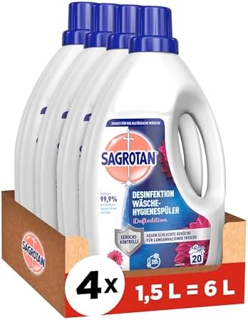 Sagrotan Wäsche-Hygienespüler Duftedition – Desinfektionsspüler für hygienisch saubere und frische Wäsche – 4 x 1,5 l Reiniger