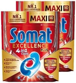 Somat Excellence PLUS 4in1 Caps (2x50 Caps), Spülmaschinentabs in 100% wasserlöslicher Hülle, Somat Caps mit Extra Reinigungskraft* und Einweicheffekt, recyclingfähig, 100 Tabs