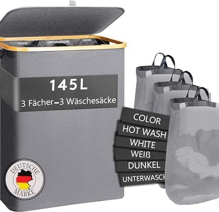 Luxus-Home Wäschekorb 3 Fächer, 145 L Wäschesammler mit Deckel, Wäschebox mit 6 klett waschhinweisen, 3 Wäschesäcke herausnehmbaren, Rahmen aus Bambus, Wasserabweisender