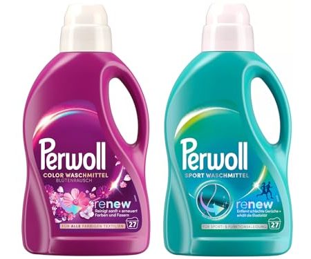 PERWOLL Flüssig-Set 2x 27 Waschladungen (54WL) Color Blütenrausch & Sport, Feinwaschmittel erneuert Farben und Fasern & Hygiene Waschmittel, entfernt schlechte Gerüche