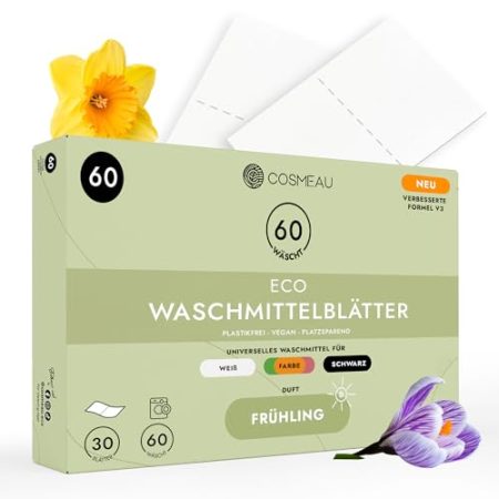 Cosmeau Waschmittel Blätter Frühlingsfrisch - bis zu 60 Waschgänge (30 Blätter) - Nachhaltiges Waschmittel für Weiß, Farbe und Schwarz - Plastikfrei, Abbaubar & Perfektes Reisewaschmittel