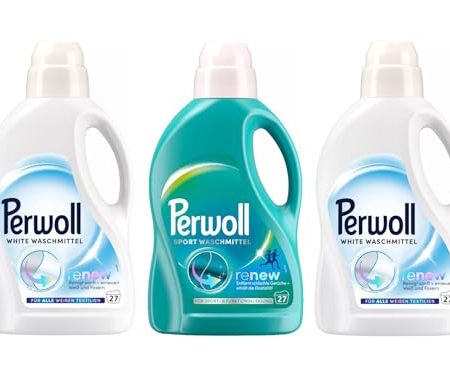 PERWOLL Flüssig-Set 3x 27 Waschladungen (81WL) 1x Sport & 2x White, Hygiene Waschmittel reinigt sanft, entfernt schlechte Gerüche & Feinwaschmittel erneuert Weiß und Fasern