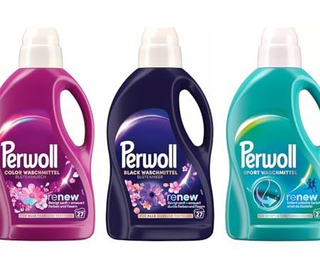 PERWOLL Flüssig-Set 3x 27 Waschladungen (81WL) 1x Black Blütenmeer & 1x Color Blütenrausch & 1x Sport, Feinwaschmittel-Set erneuert Farben, Hygiene Waschmittel entfernt schlechte Gerüche