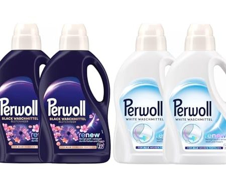 PERWOLL Flüssig-Set 4x 27 Waschladungen (108WL) 2x Black Blütenmeer & 2x White, Feinwaschmittel-Set reinigt sanft und erneuert dunkle Farben/Weiß und Fasern, mit Dreifach-Renew-Technologie