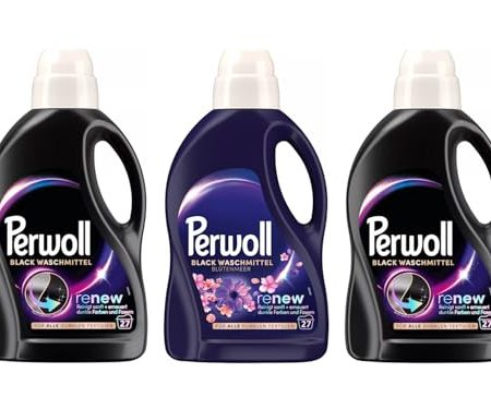 PERWOLL Flüssig-Set 3x 27 Waschladungen (81WL) 2x Black & 1x Black Blütenmeer, Feinwaschmittel-Set reinigt sanft und erneuert dunkle Farben und Fasern, mit Dreifach-Renew-Technologie