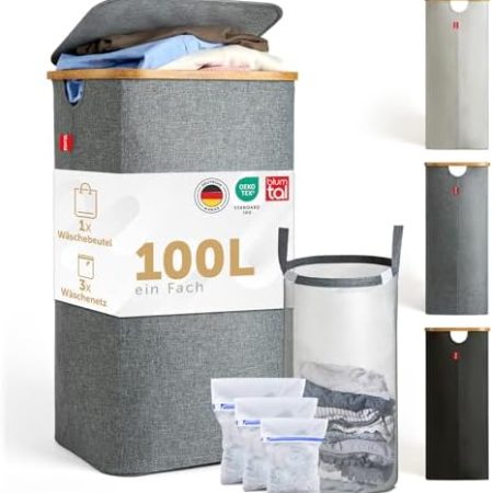 Blumtal® Wäschekorb 1 Fach 100L - waschbarer und hygienischer Wäschesammler schmal mit herausnehmbarem Wäschenetz - Wäschekorb mit Deckel & Bambusrand - Wäscheboxen - Laundry Basket - Wäschekorb grau