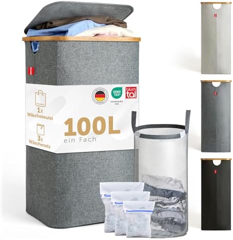 Blumtal® Wäschekorb 1 Fach 100L - waschbarer und hygienischer Wäschesammler schmal mit herausnehmbarem Wäschenetz - Wäschekorb mit Deckel & Bambusrand - Wäscheboxen - Laundry Basket - Wäschekorb grau