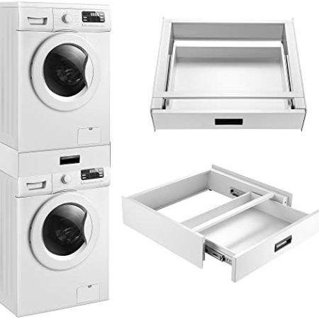 [en.casa] Verbindungsrahmen für Waschmaschine/Trockner Zwischenbaurahmen mit ausziehbarer Schublade aus Stahl Universell für alle Marken mit Breite von 60cm Weiß