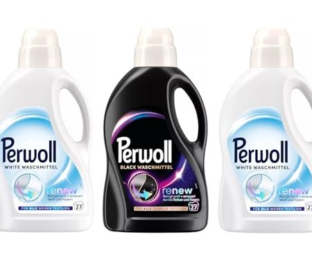 PERWOLL Flüssig-Set 3x 27 Waschladungen (81WL) 1x Black & 2x White, Feinwaschmittel-Set reinigt sanft und erneuert dunkle Farben/Weiß und Fasern, mit Dreifach-Renew-Technologie