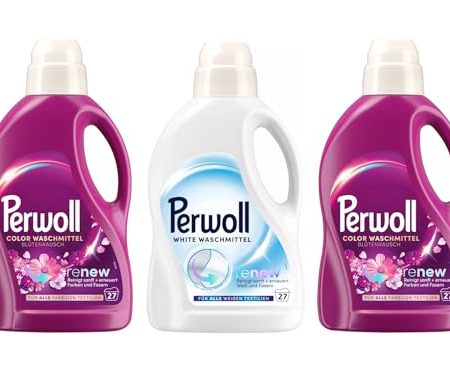 PERWOLL Flüssig-Set 3x 27 Waschladungen (81WL) 2x Color Blütenrausch & 1x White, Feinwaschmittel-Set reinigt sanft und erneuert Farben/Weiß und Fasern, mit Dreifach-Renew-Technologie