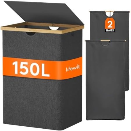 Lifewit 150L Bambus Wäschekorb mit Deckel, Faltbar Wäschesammler 2 Fächer Wäschesortierer mit Abnehmbarem Wäschesack Bambus Griffen Wäschebox Laundry Baskets für Waschküche, Schlafzimmer, Schwarz