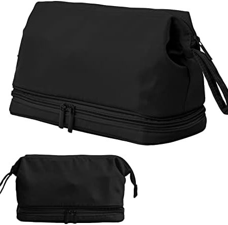 Xzeemo Groß Doppellagige Kosmetiktasche mit Trennwand, Waschtasche wasserdichte Reise Kulturtasche, Tragbare Reise Make Up Tasche, Kulturbeutel wasserdichte Schminktasche für Damen Mädchen (Schwarz)