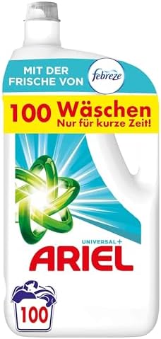 Ariel Flüssigwaschmittel Waschmittel, 100 Waschladungen Universal+ Mit Der Frische Von Febreze, Ausgezeichnete Fleckenentfernung Selbst Bei Kaltwäsche