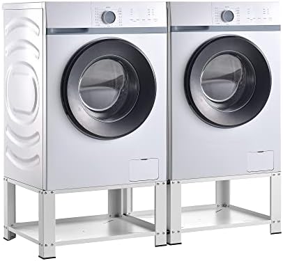 [en.casa] Waschmaschinen-Sockel 2-Fach Cremlingen mit 2 Ablagen Waschmaschinen-Unterschrank Doppeluntergestell je 150 kg Podest Erhöhung pulverbeschichteter Stahl Weiß
