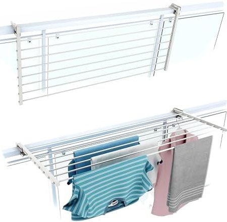 Foxydry Duo, Wäscheständer Balkon, Balkonwäschetrockner, Balkonwäscheständer, klappbare robuste Außenwäscheleine aus rostfreiem Stahl und Aluminium, für Terrassen, Balkone und Geländer - Länge 118 cm