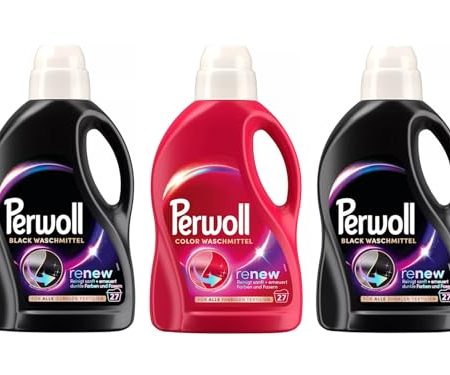 PERWOLL Flüssig-Set 3x 27 Waschladungen (81WL) 2x Black & 1x Color, Feinwaschmittel-Set reinigt sanft und erneuert Farben und Fasern, Waschmittel mit Dreifach-Renew-Technologie