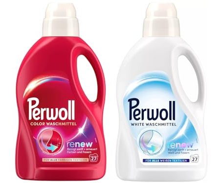 PERWOLL Flüssig-Set 2x 27 Waschladungen (54WL) 1x Color & 1x White, Feinwaschmittel-Set reinigt sanft und erneuert Farben/Weiß und Fasern, Waschmittel mit Dreifach-Renew-Technologie