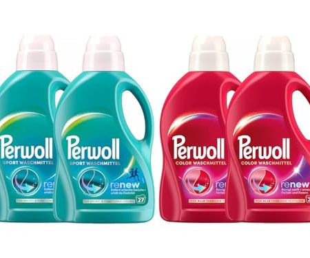 PERWOLL Flüssig-Set 4x 27 Waschladungen (108WL) 2x Color & 2x Sport, Feinwaschmittel erneuert Farben und Fasern & Hygiene Waschmittel, entfernt schlechte Gerüche & erhält die Elastizität