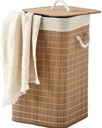 ENGLISH HOME 72 L Faltbarer Aus Bambus Wäschekorb mit Deckel 1 Fächer - Wäschekorb Schwarz Herausnehmbarer Einlage, Rechteckiger Wäschekorb für Badezimmer Schlafzimmer, 35x35x60 Laundry Baskets