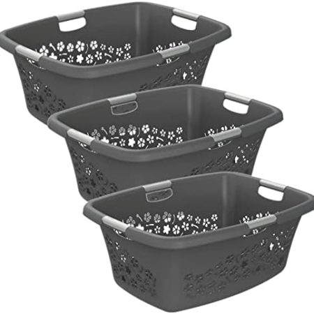 Rotho 3er-Set Wäschekorb Flowers 50l, Kunststoff (PP) BPA-frei, anthrazit, 3x50l, (65,1 x 49 x 26,2 cm), 3