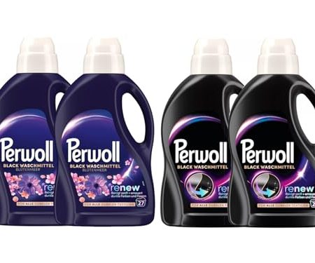 PERWOLL Flüssig-Set 4x 27 Waschladungen (108WL) 2x Black & 2x Black Blütenmeer, Feinwaschmittel-Set reinigt sanft und erneuert dunkle Farben und Fasern, mit Dreifach-Renew-Technologie