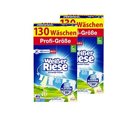 Weißer Riese Universal Pulver 260 WL (2 x 130 Waschladungen), Vollwaschmittel riesig stark gegen Flecken, Kalt-Aktiv schon ab 20° C, ergiebiges Waschpulver, ideal für Familien mit Kindern