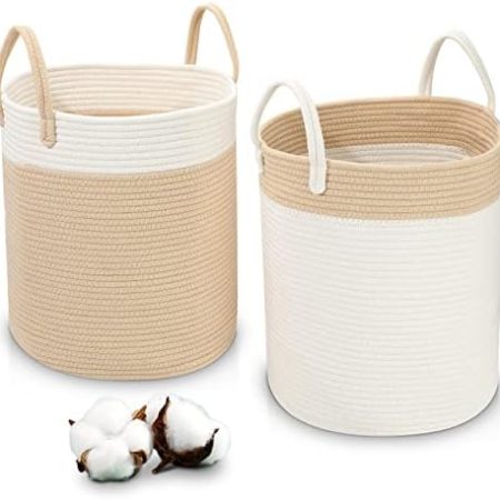 LA BONHEUR Wäschekorb Groß 2 Stücke Laundry Baskets Geflochten Faltbar,mit Griff Handarbeit Wäsche Wäschesammler Aufbewahrung Spielzeug Kinder Aufbewahrungskorb Waschküche, Kinderzimmer,(35cm*40cm)